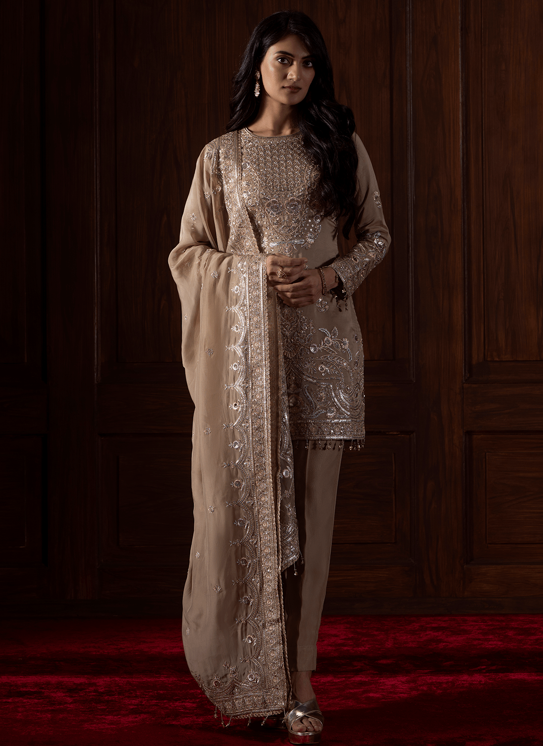 Beige Embroidered Viscose Organza Pant Suit - Lashkaraa