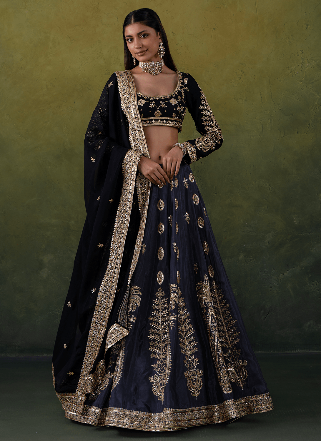 Black and Grey Embroidered Silk Lehenga - Lashkaraa