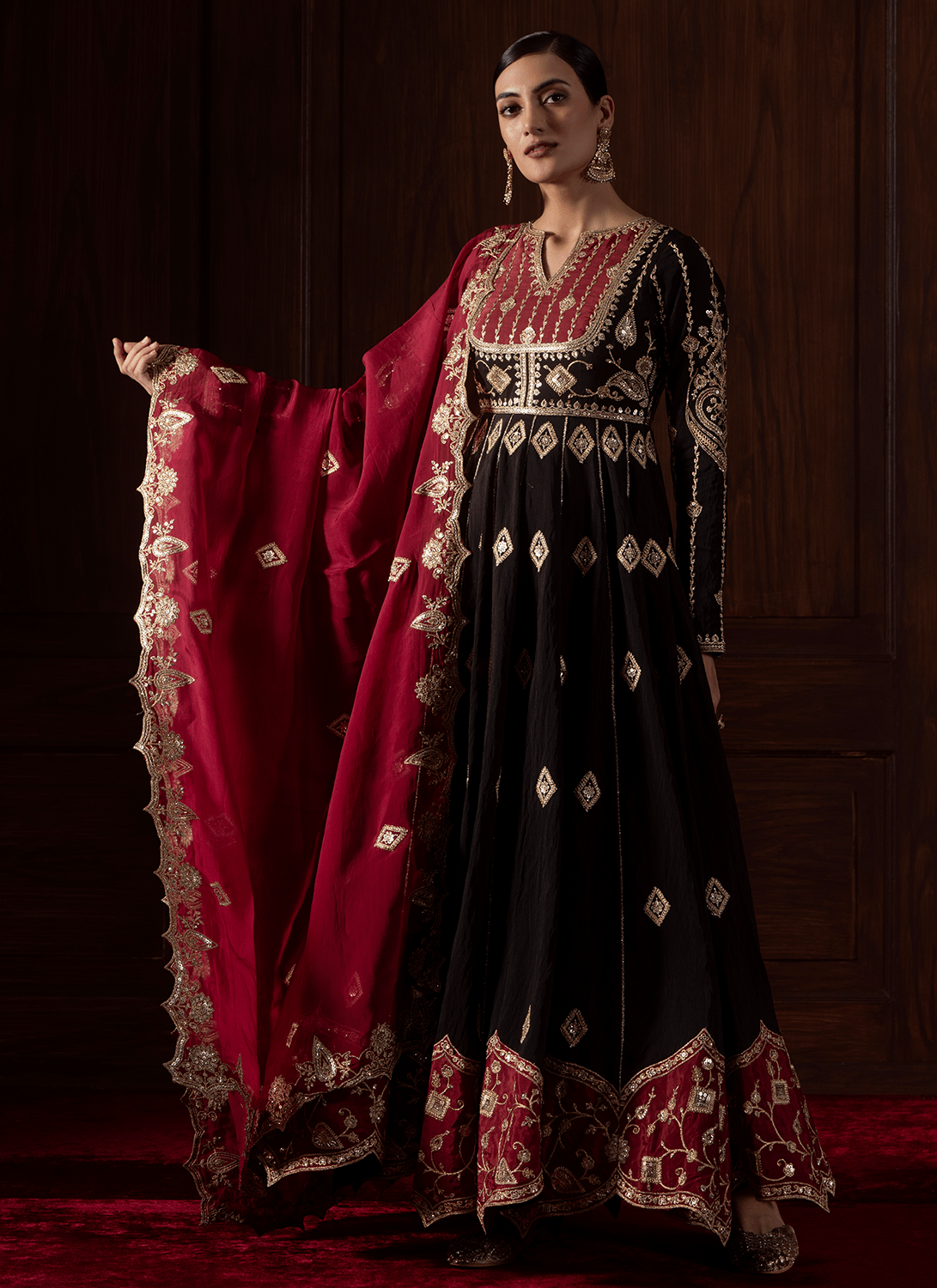 Black and Red Embroidered Chanderi Anarkali - Lashkaraa