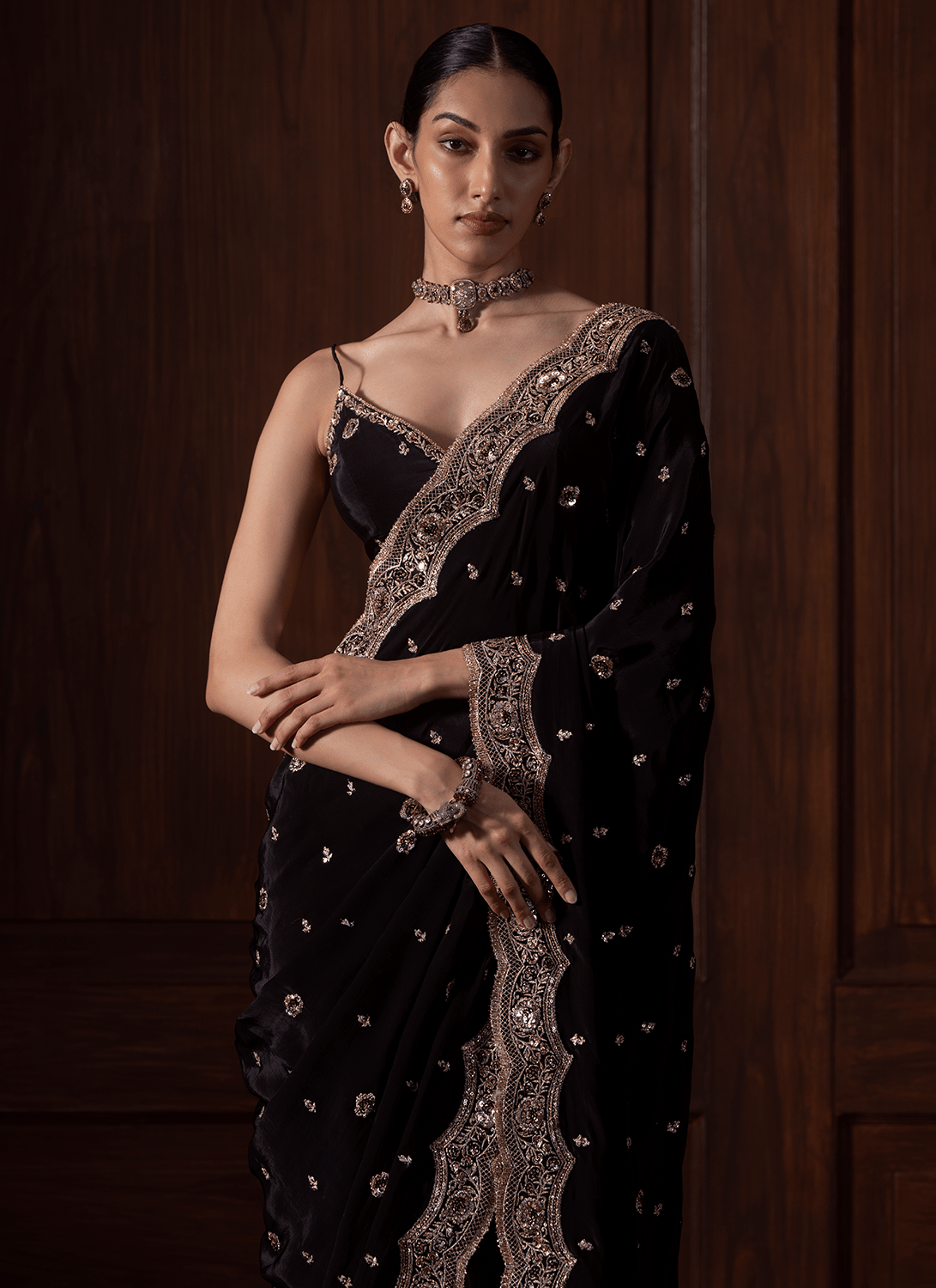 Black Embroidered Crepe Saree - Lashkaraa