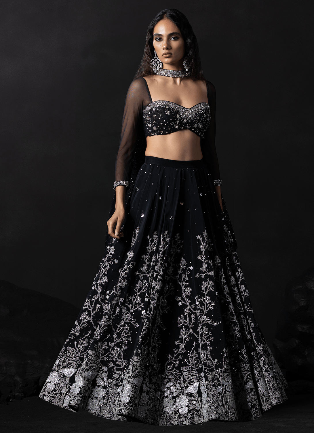 Black Embroidered Net Lehenga - Lashkaraa