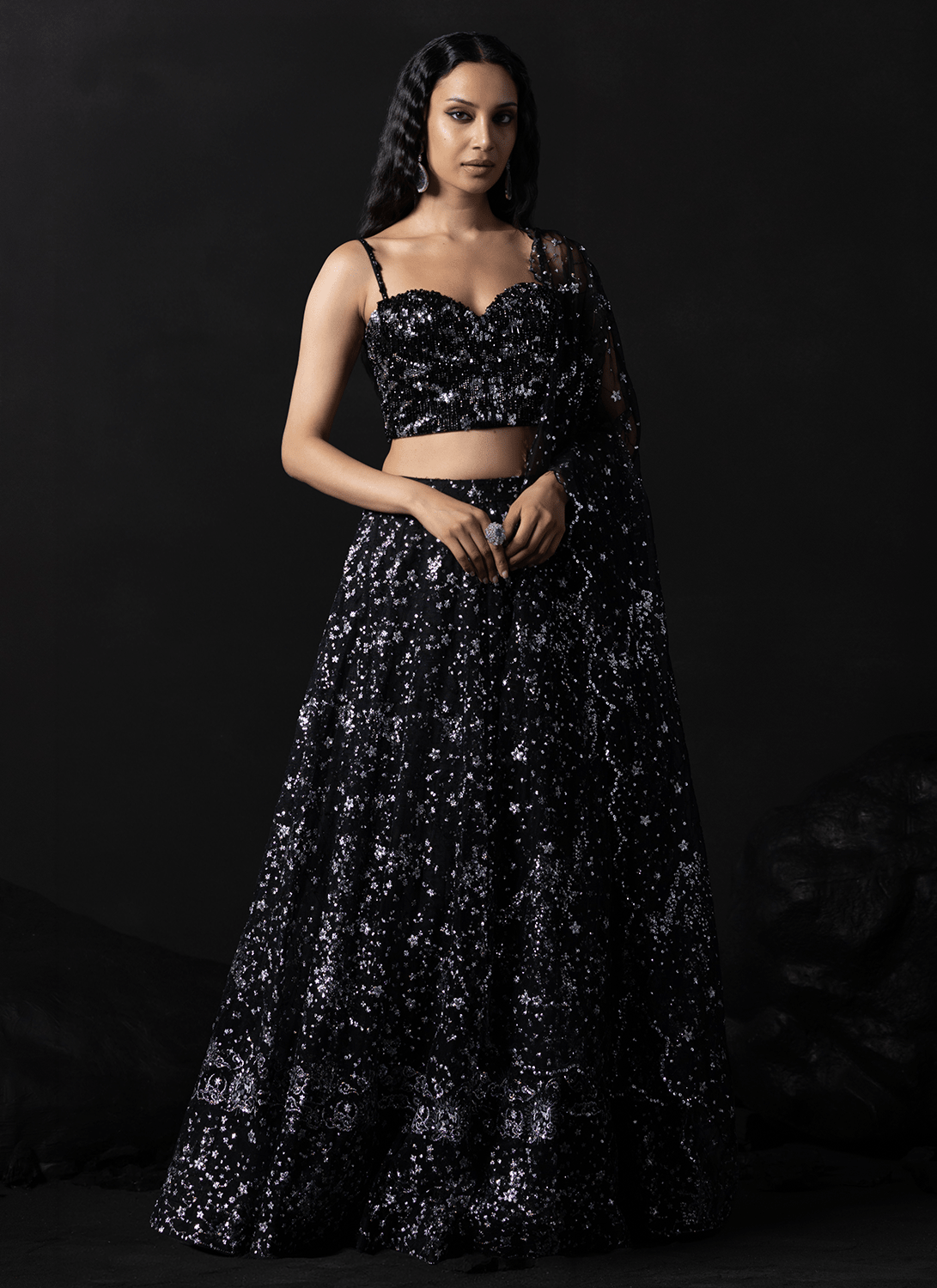 Black Embroidered Net Lehenga - Lashkaraa