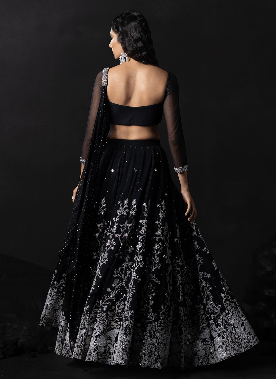 Black Embroidered Net Lehenga - Lashkaraa