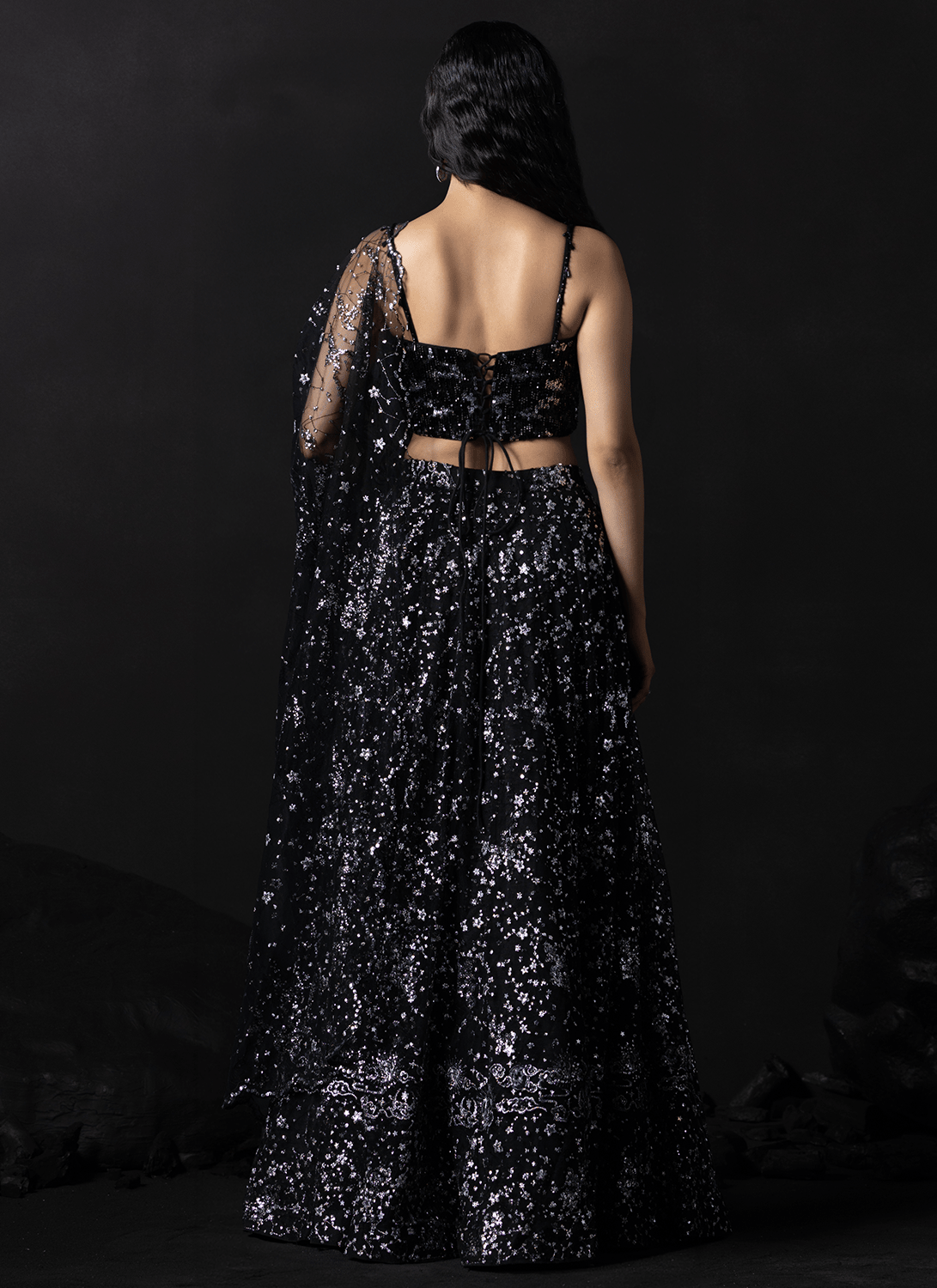 Black Embroidered Net Lehenga - Lashkaraa