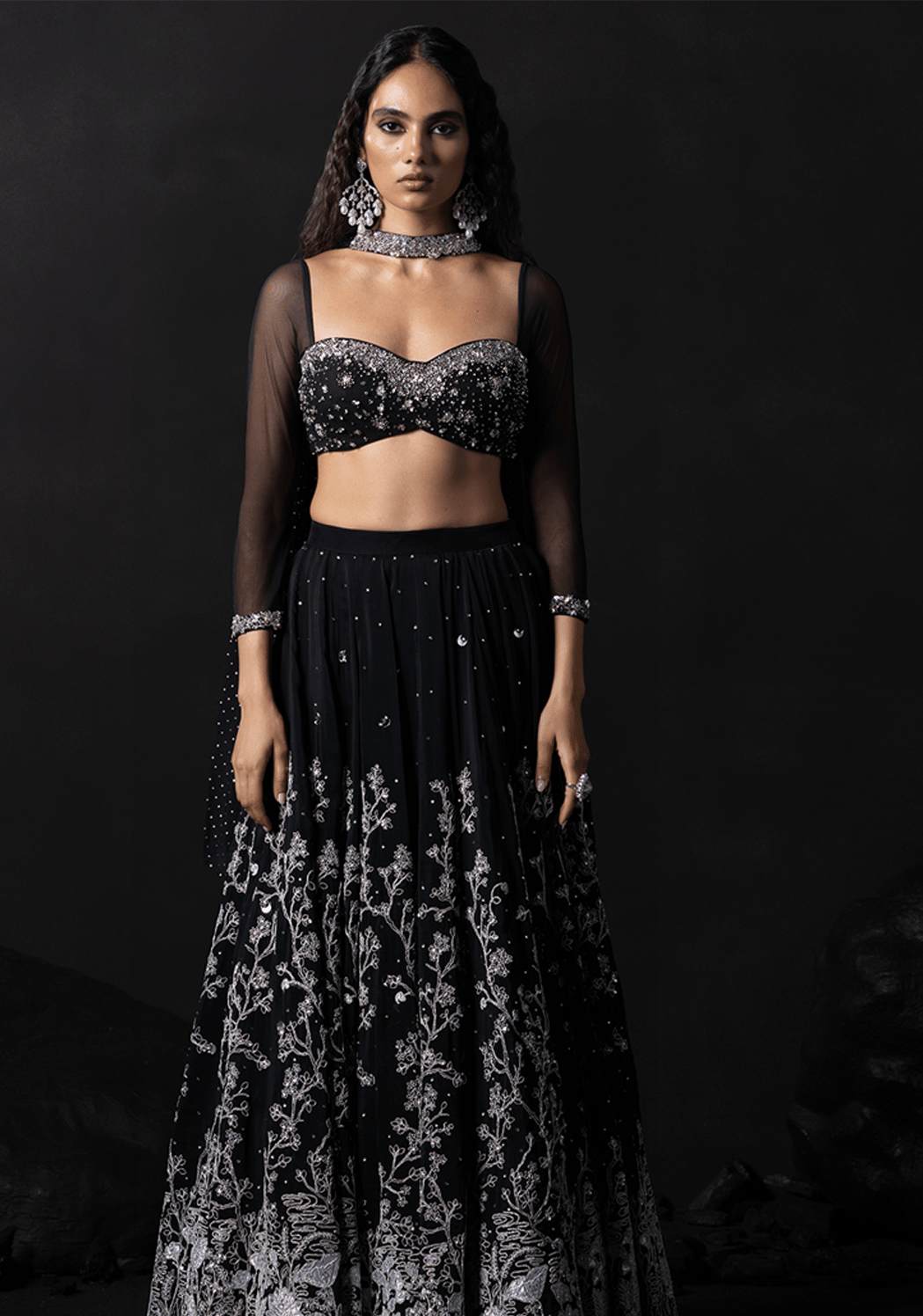 Black Embroidered Net Lehenga - Lashkaraa