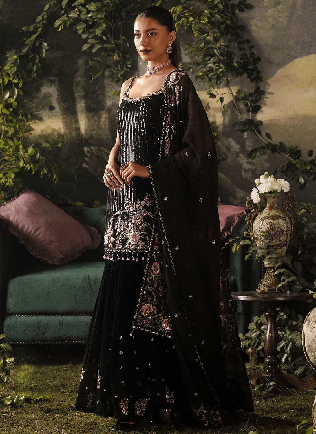 Black Embroidered Viscose Georgette Sharara - Lashkaraa