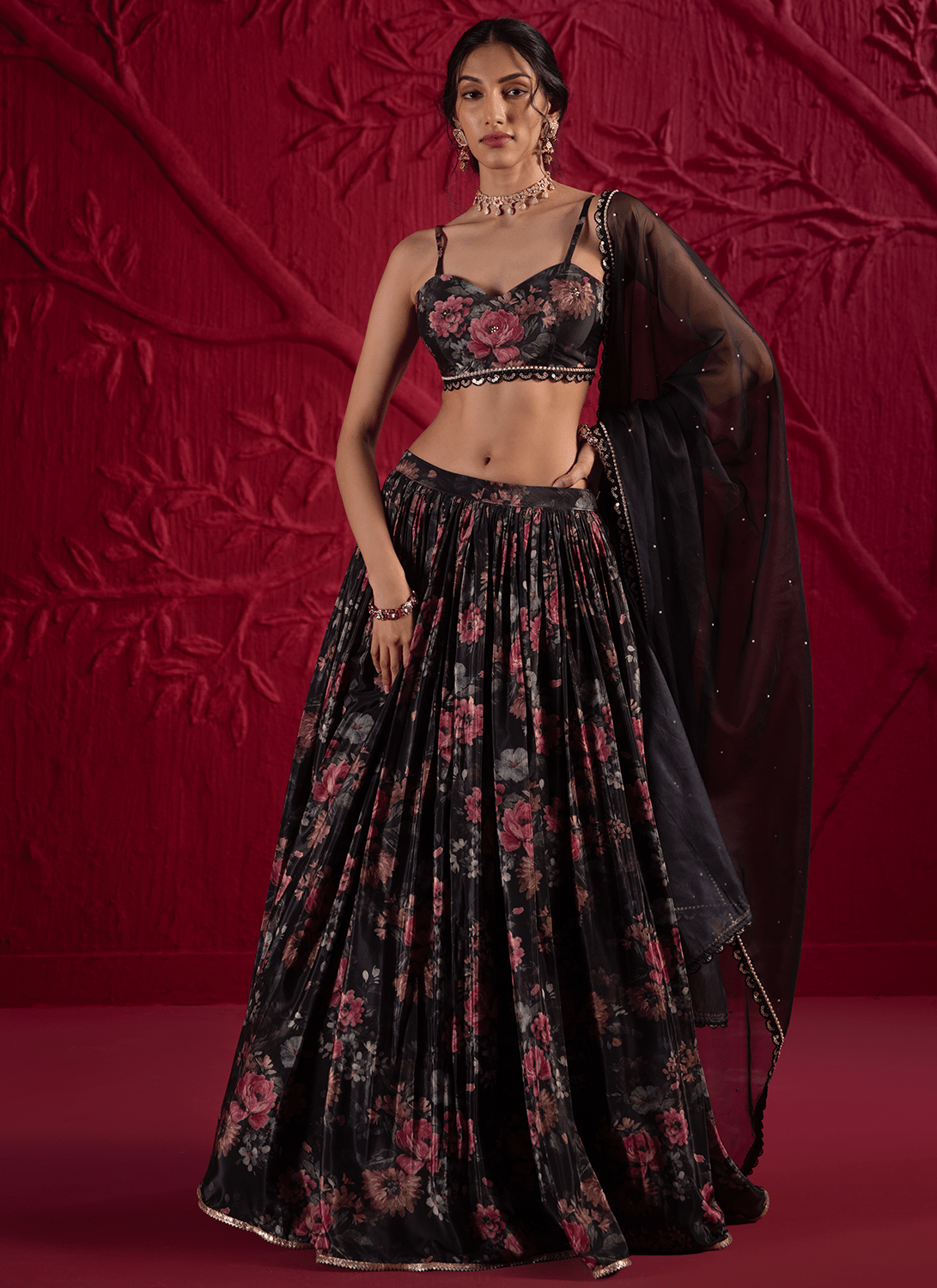Black Floral Embroidered Crepe Silk Lehenga - Lashkaraa