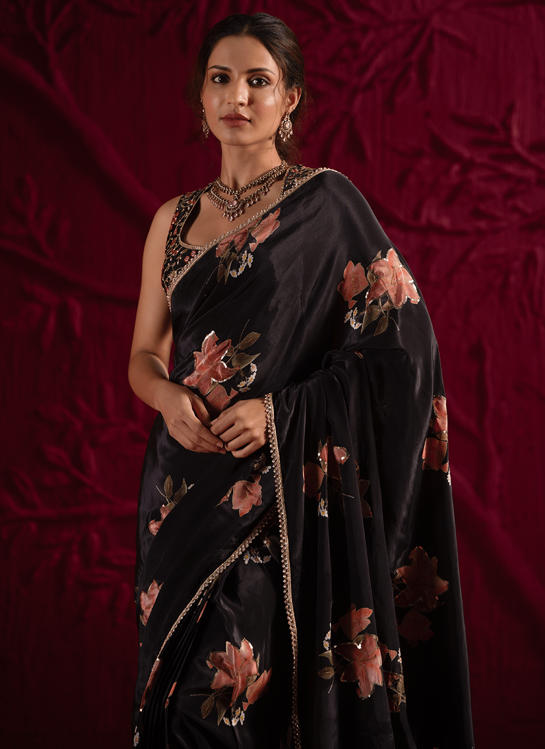Black Floral Embroidered Crepe Silk Saree - Lashkaraa