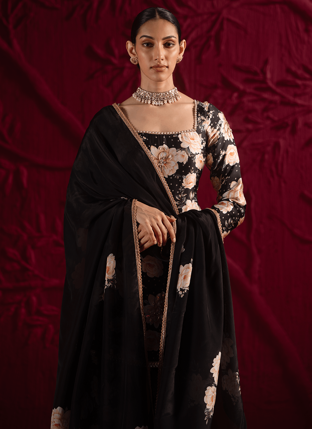 Black Floral Embroidered Satin Georgette Sharara Suit - Lashkaraa