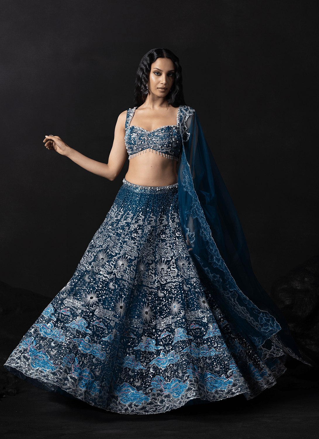 Blue Embroidered Net Lehenga - Lashkaraa