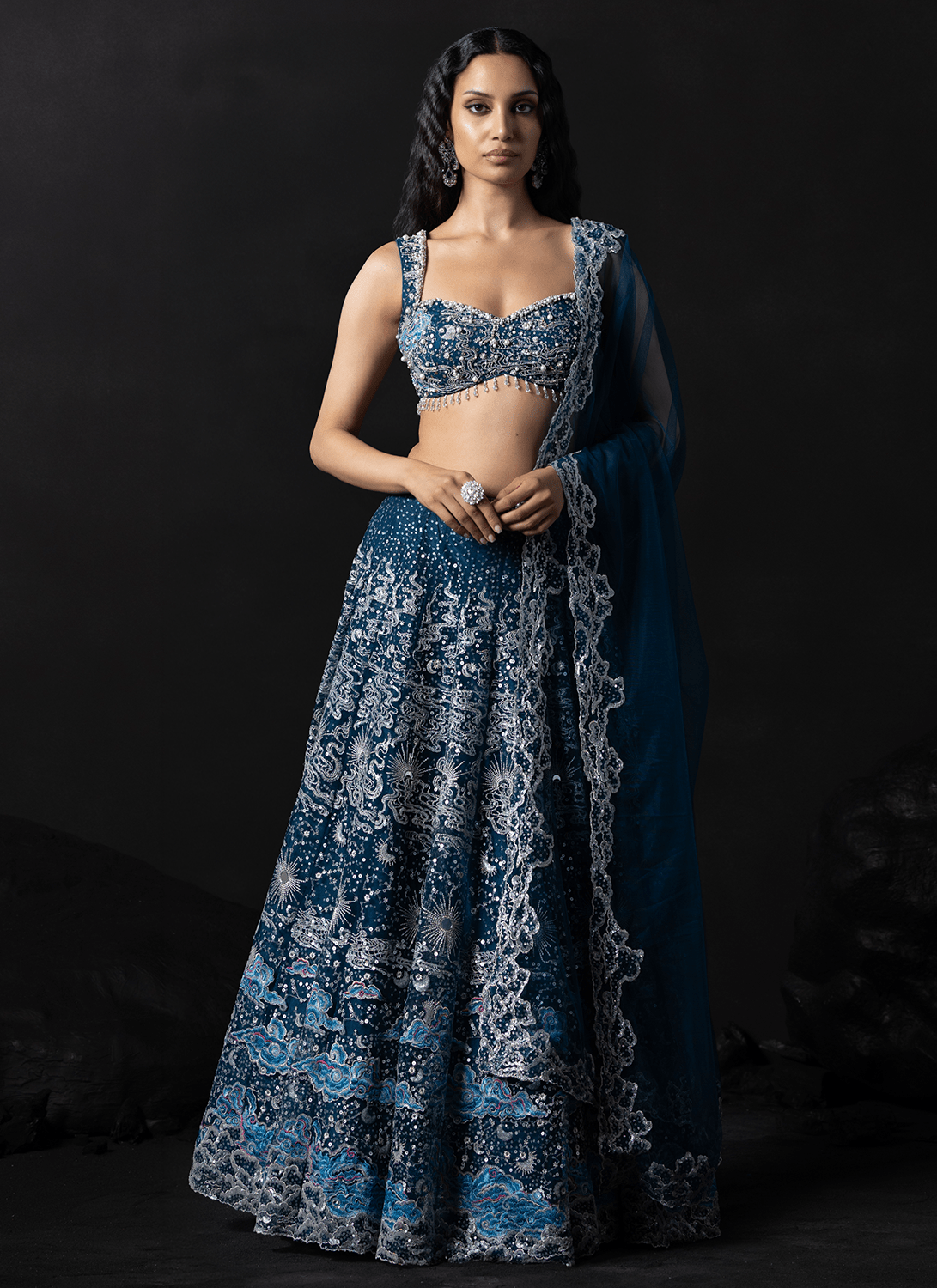 Blue Embroidered Net Lehenga - Lashkaraa