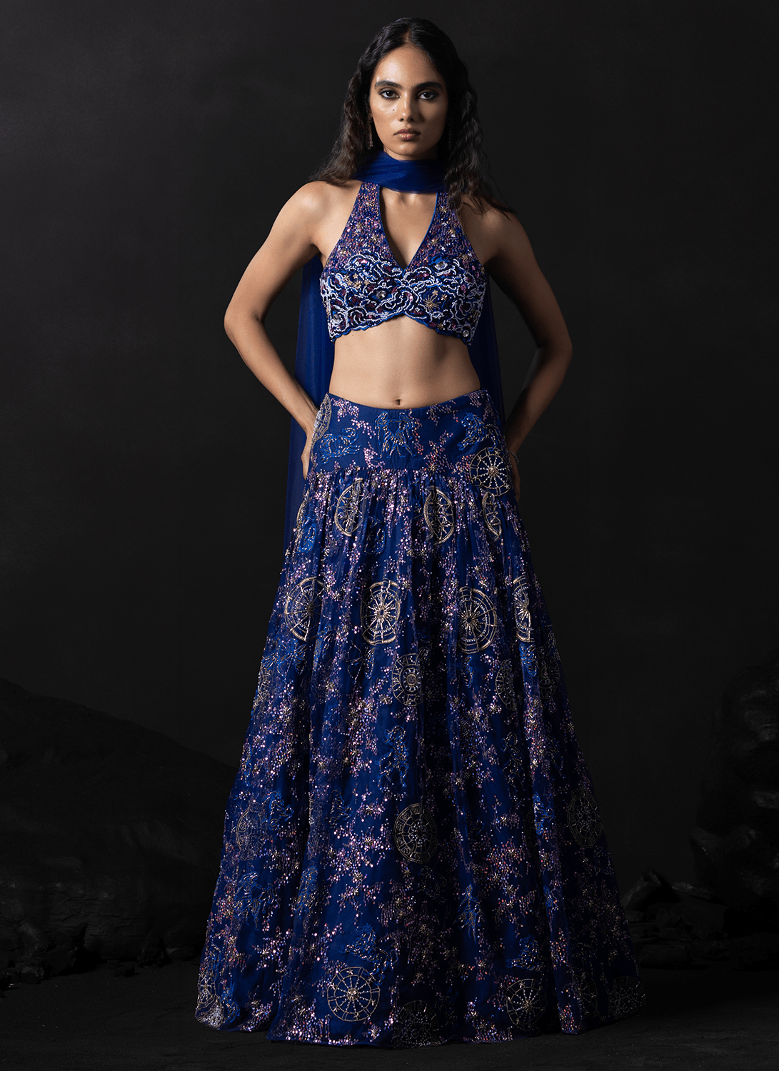 Blue Embroidered Net Lehenga - Lashkaraa