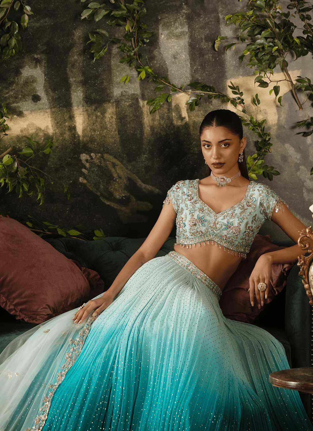 Blue Ombré Embroidered Georgette Lehenga - Lashkaraa