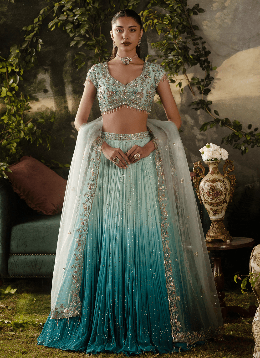 Blue Ombré Embroidered Georgette Lehenga - Lashkaraa