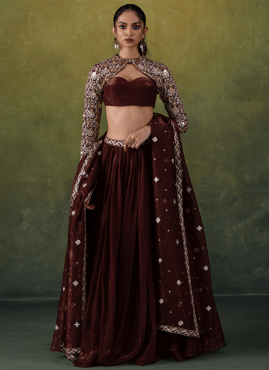 Brown Embroidered Organza Lehenga - Lashkaraa