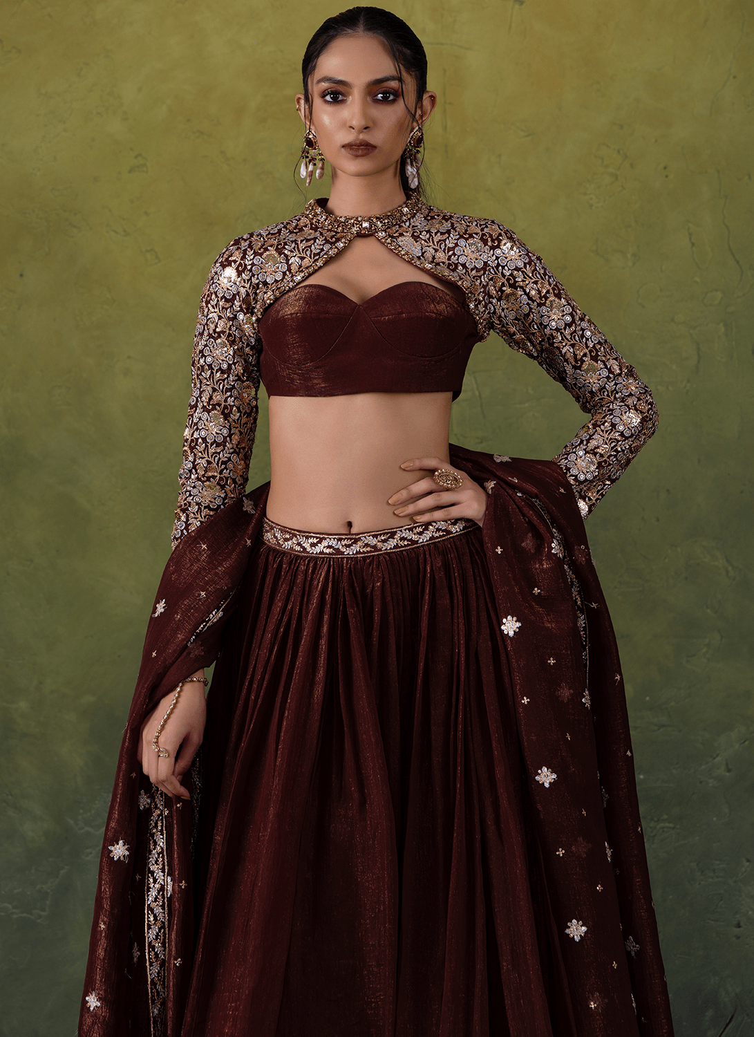 Brown Embroidered Organza Lehenga - Lashkaraa