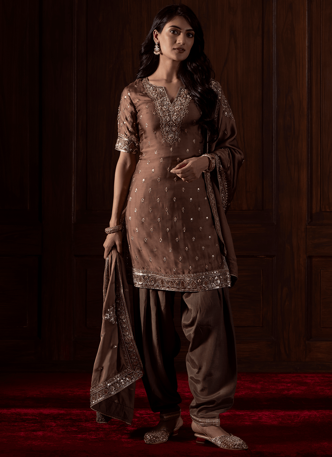 Brown Embroidered Viscose Organza Satin Punjabi Suit - Lashkaraa