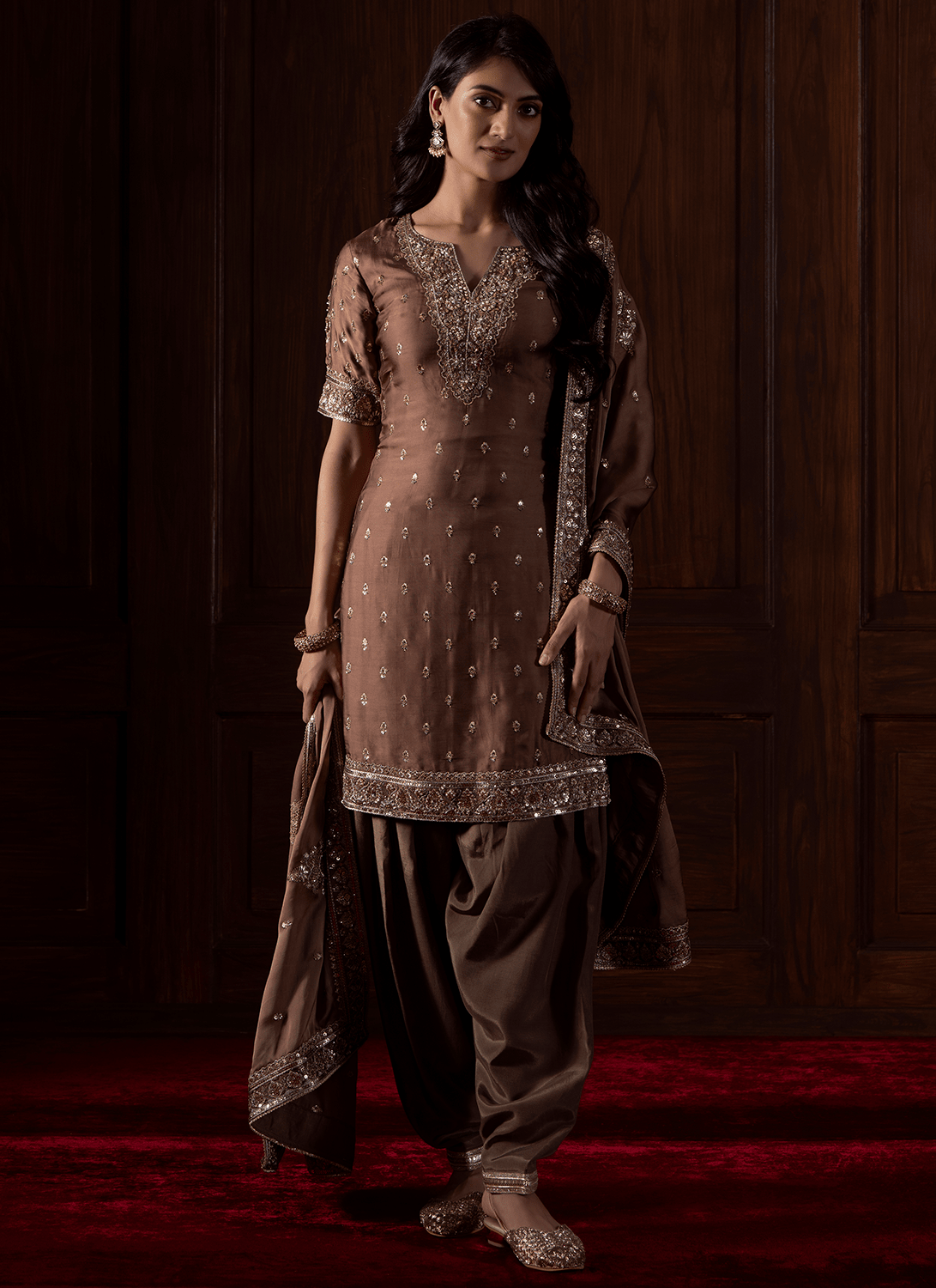 Brown Embroidered Viscose Organza Satin Punjabi Suit - Lashkaraa