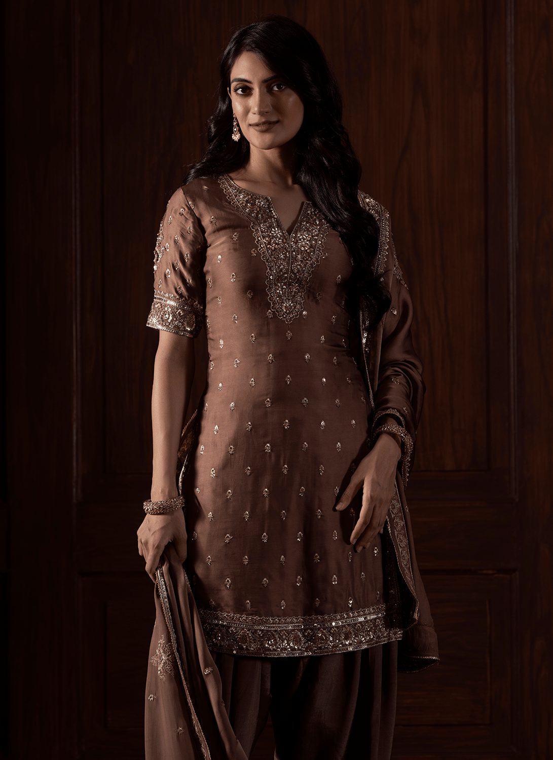 Brown Embroidered Viscose Organza Satin Punjabi Suit - Lashkaraa