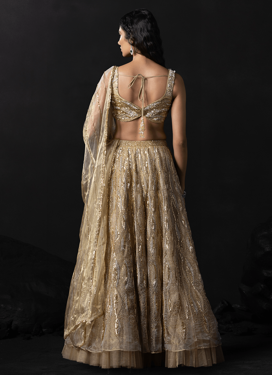Champagne Gold Embroidered Tissue Lehenga - Lashkaraa