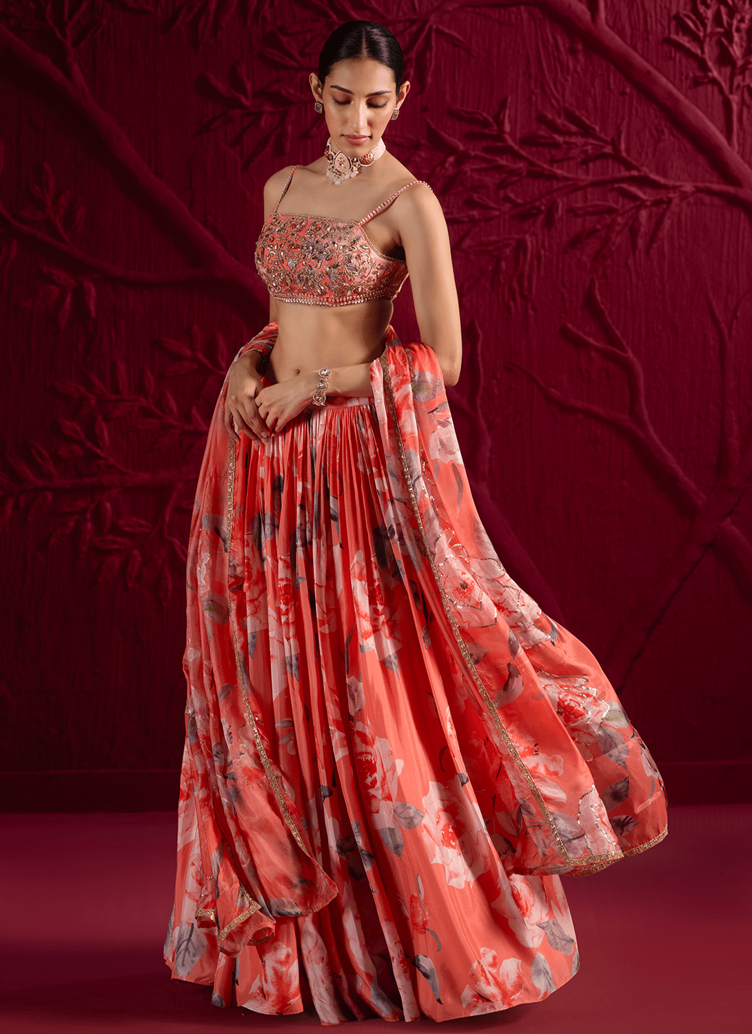 Coral Floral Embroidered Viscose Satin Georgette Lehenga - Lashkaraa
