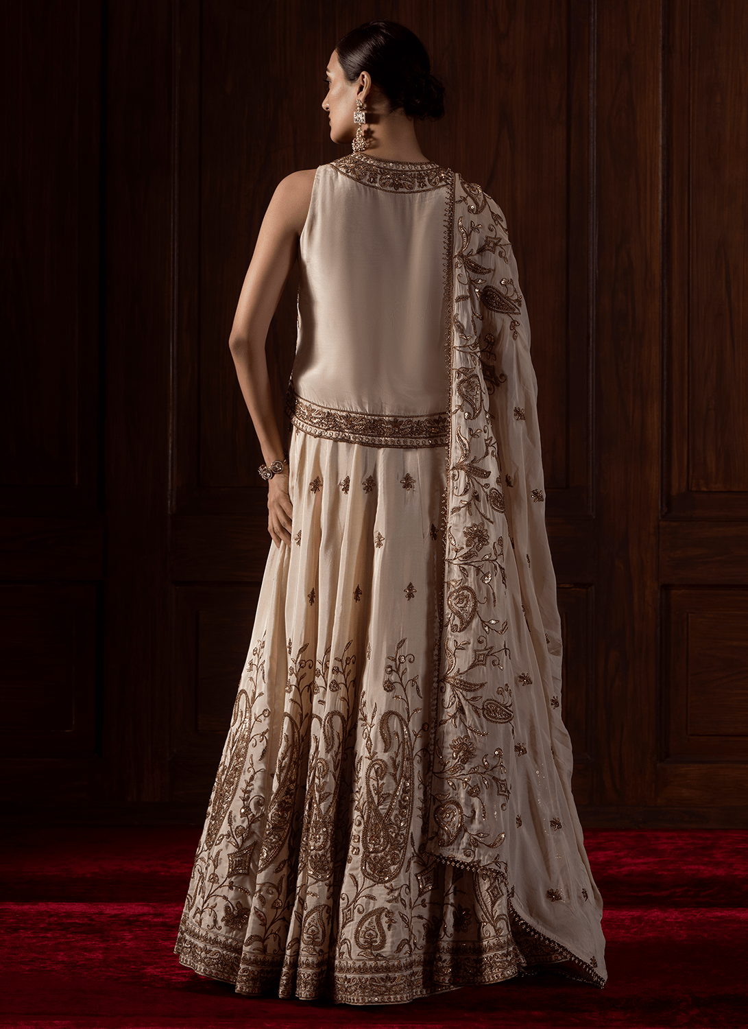 Cream Embroidered Viscose Silk Lehenga - Lashkaraa