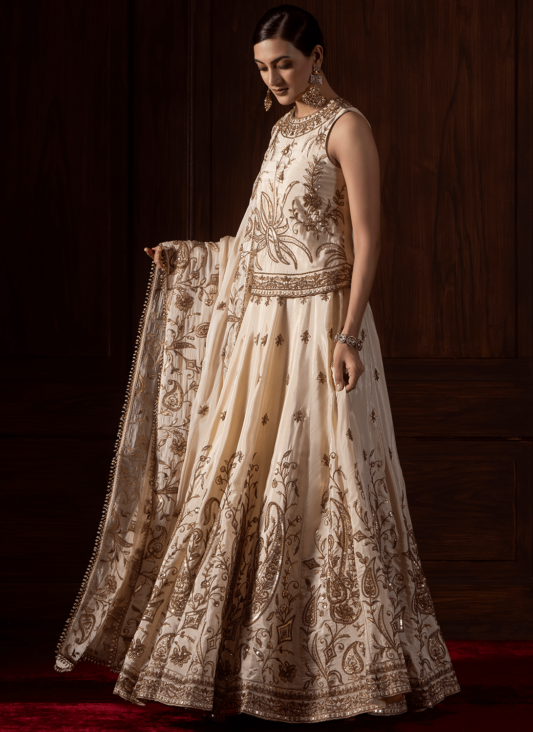 Cream Embroidered Viscose Silk Lehenga - Lashkaraa