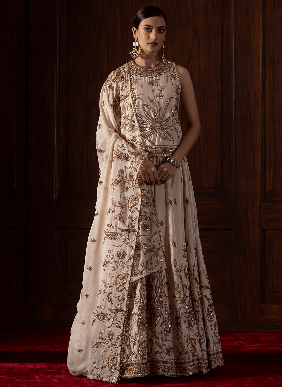 Cream Embroidered Viscose Silk Lehenga - Lashkaraa