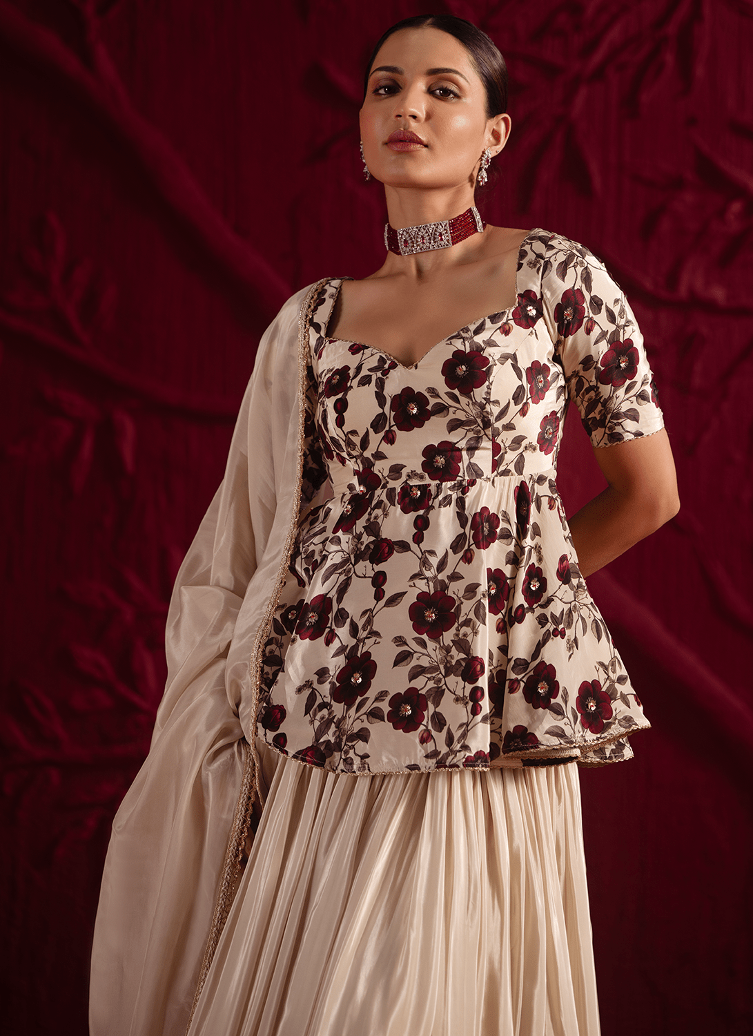 Cream Floral Embroidered Kurti Style Lehenga - Lashkaraa