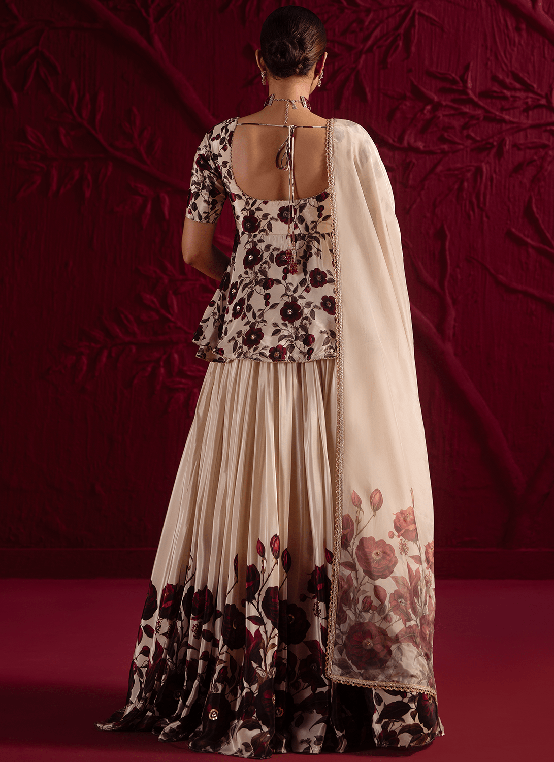 Cream Floral Embroidered Kurti Style Lehenga - Lashkaraa
