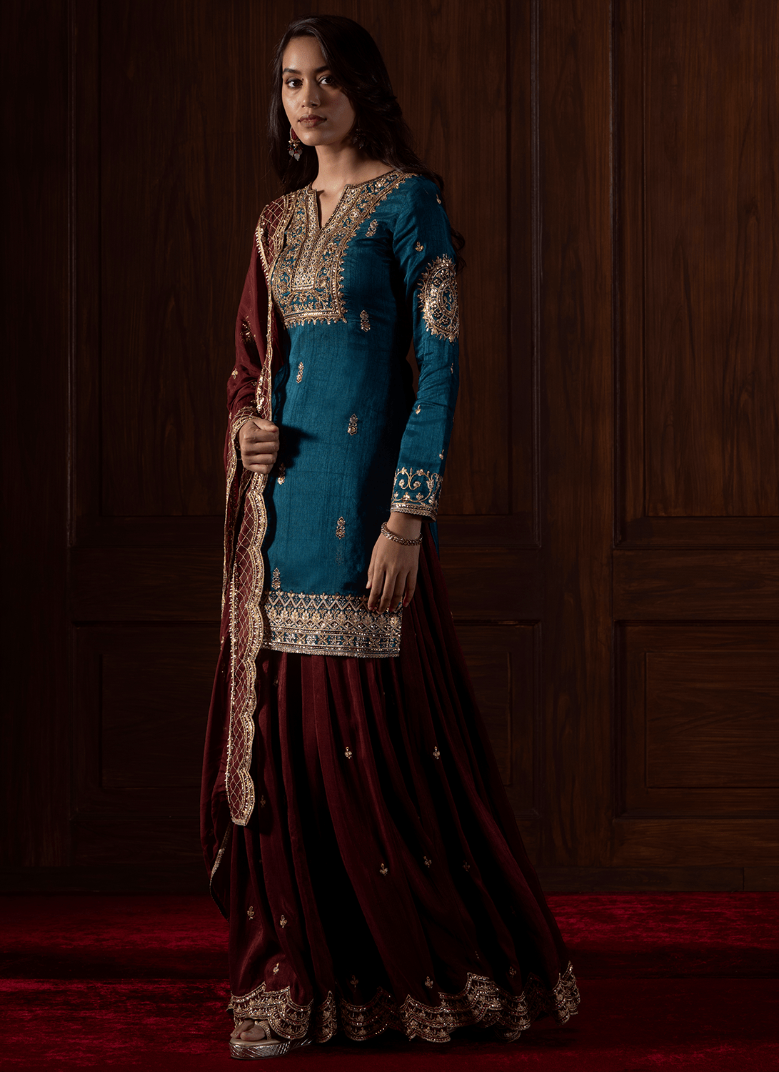 Dark Teal and Plum Embroidered Silk Sharara - Lashkaraa