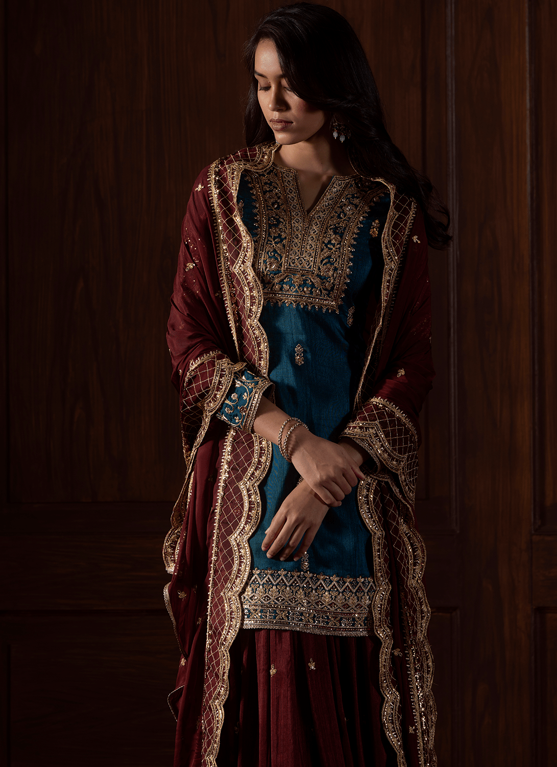 Dark Teal and Plum Embroidered Silk Sharara - Lashkaraa