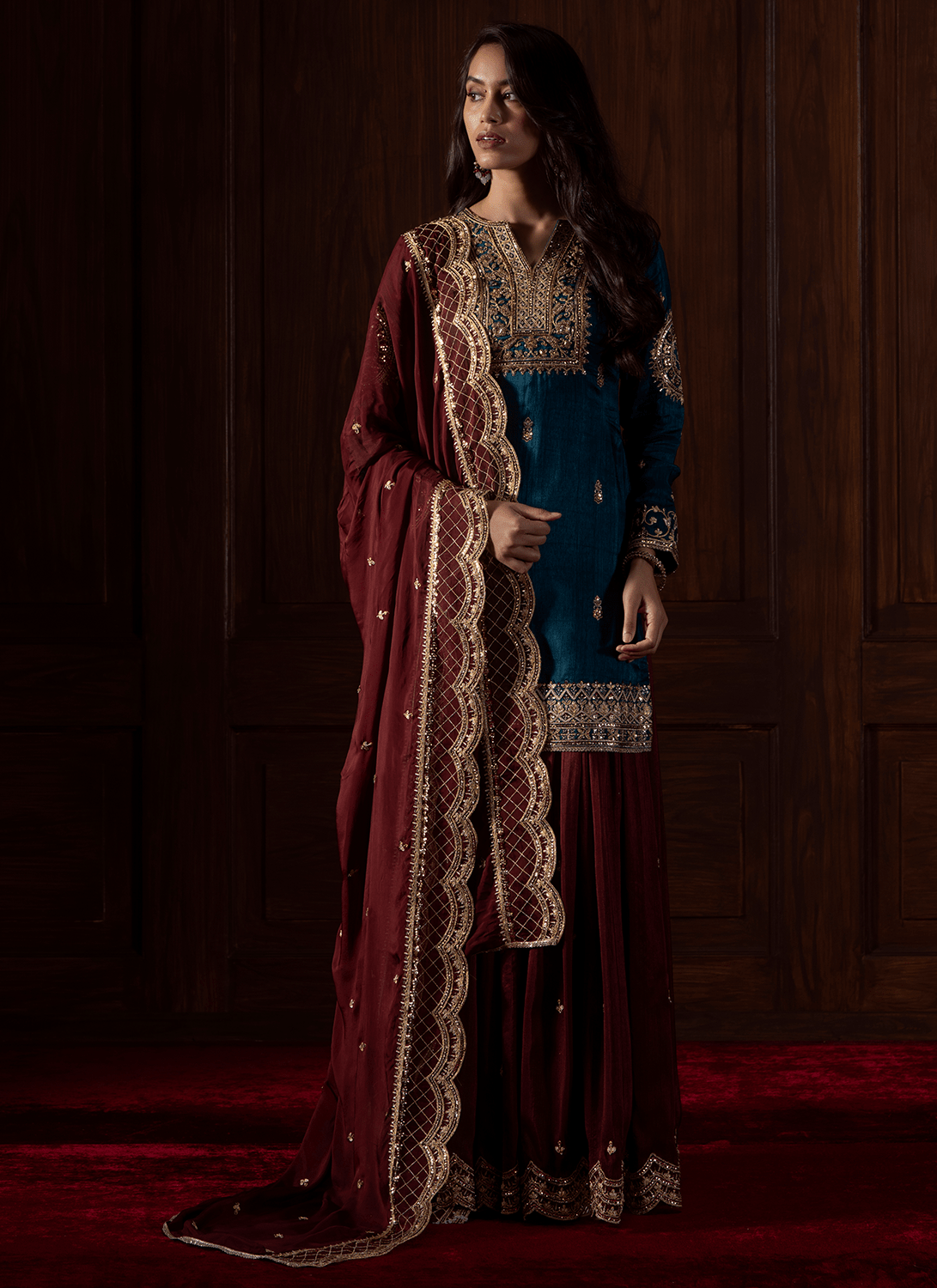 Dark Teal and Plum Embroidered Silk Sharara - Lashkaraa