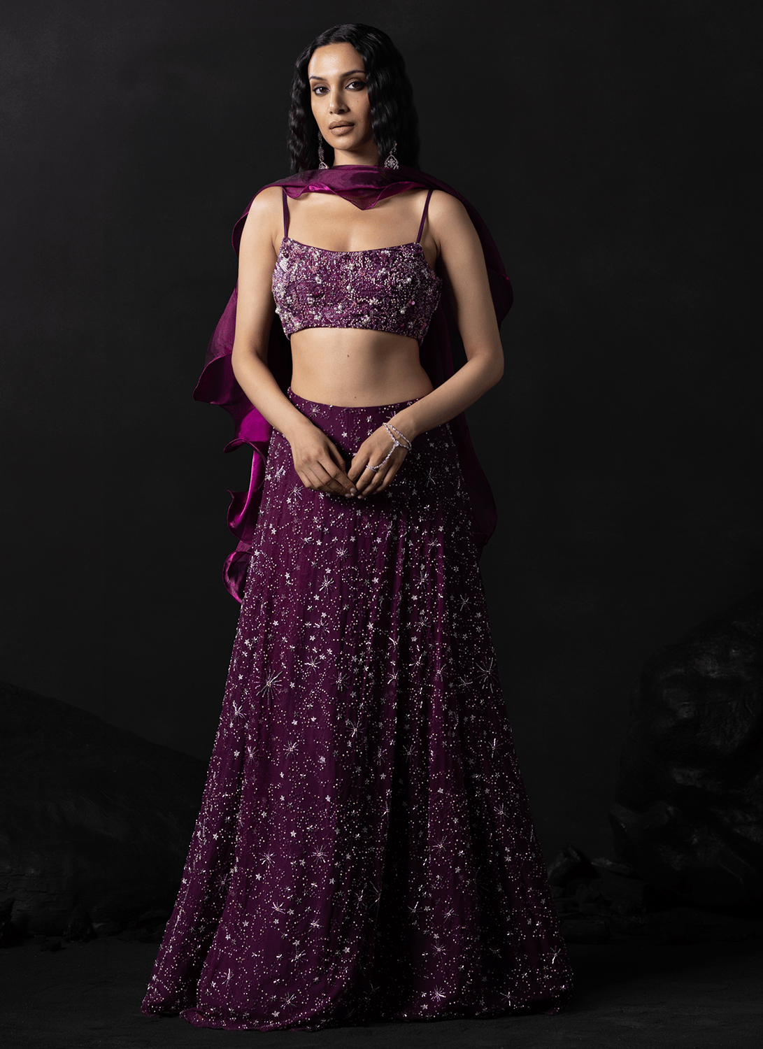 Deep Magenta Embroidered Organza Lehenga - Lashkaraa