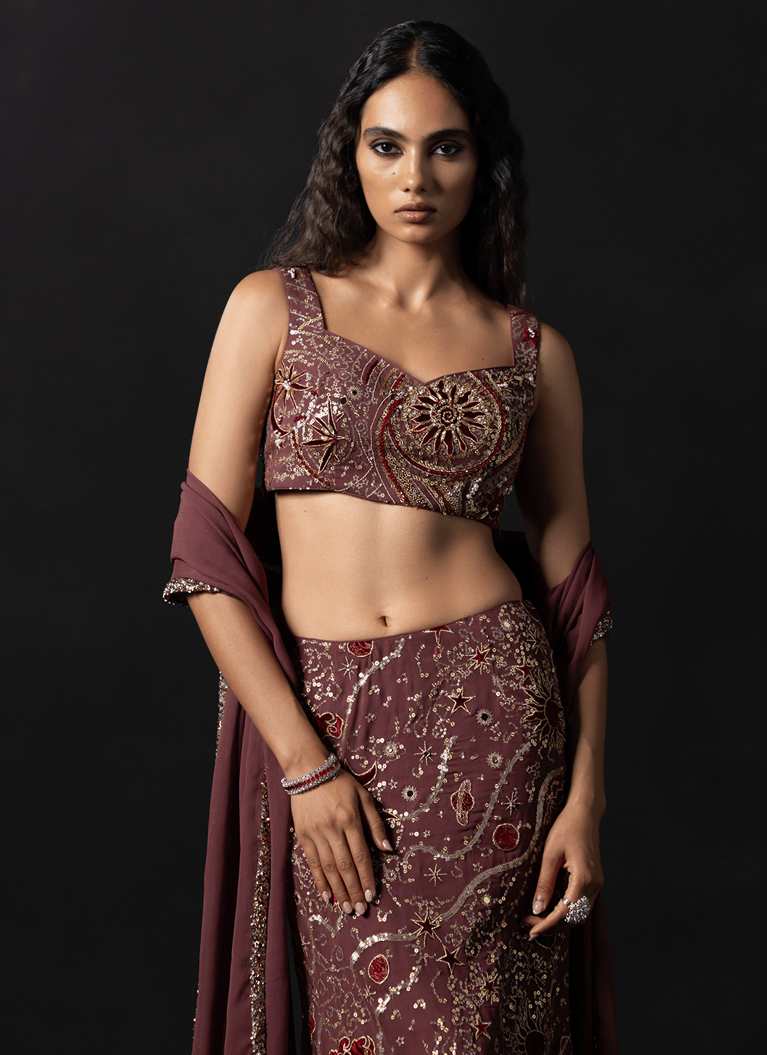 Deep Mauve Embroidered Georgette Lehenga - Lashkaraa