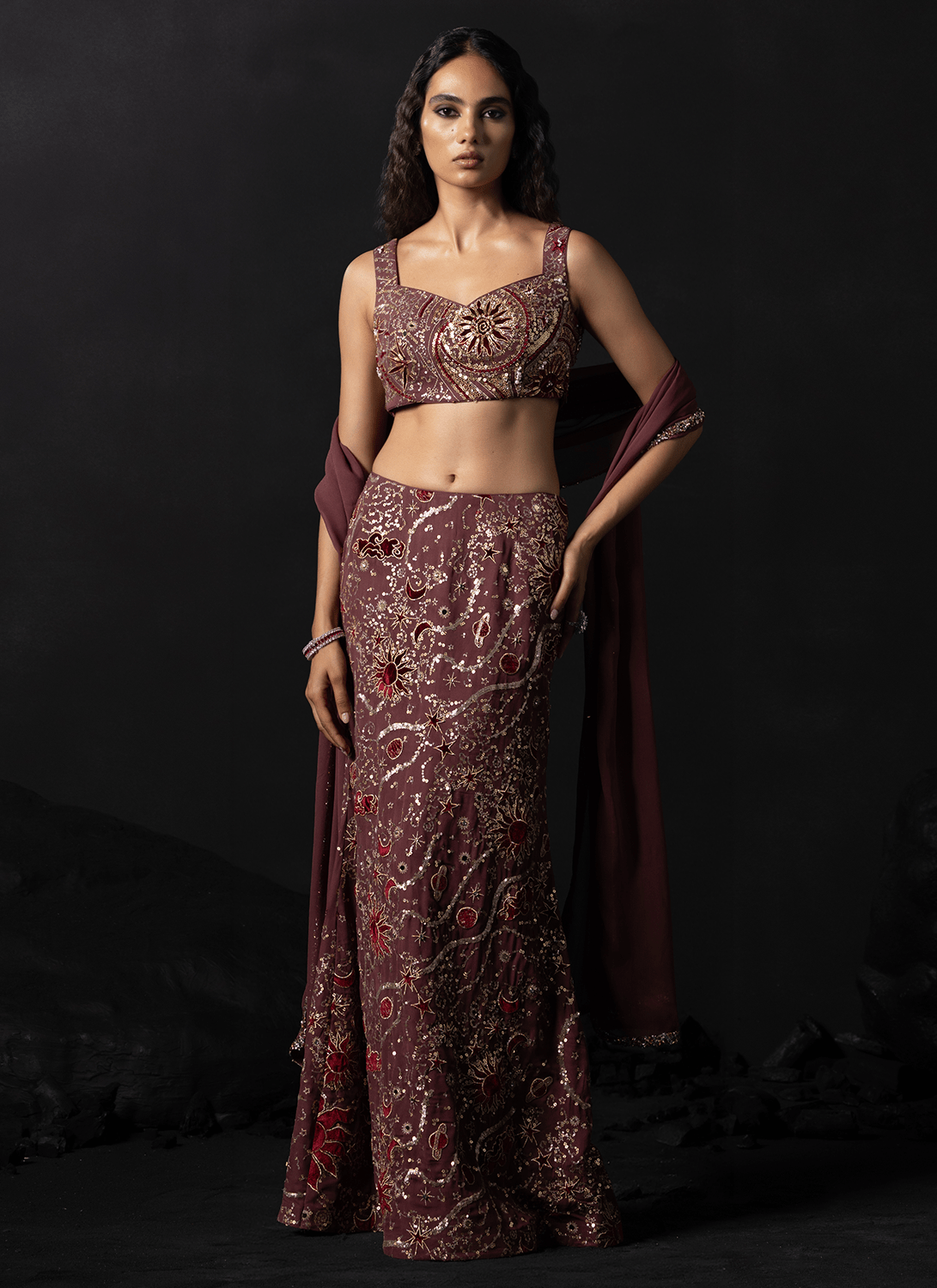 Deep Mauve Embroidered Georgette Lehenga - Lashkaraa