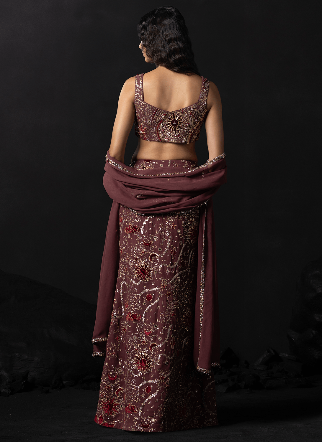 Deep Mauve Embroidered Georgette Lehenga - Lashkaraa