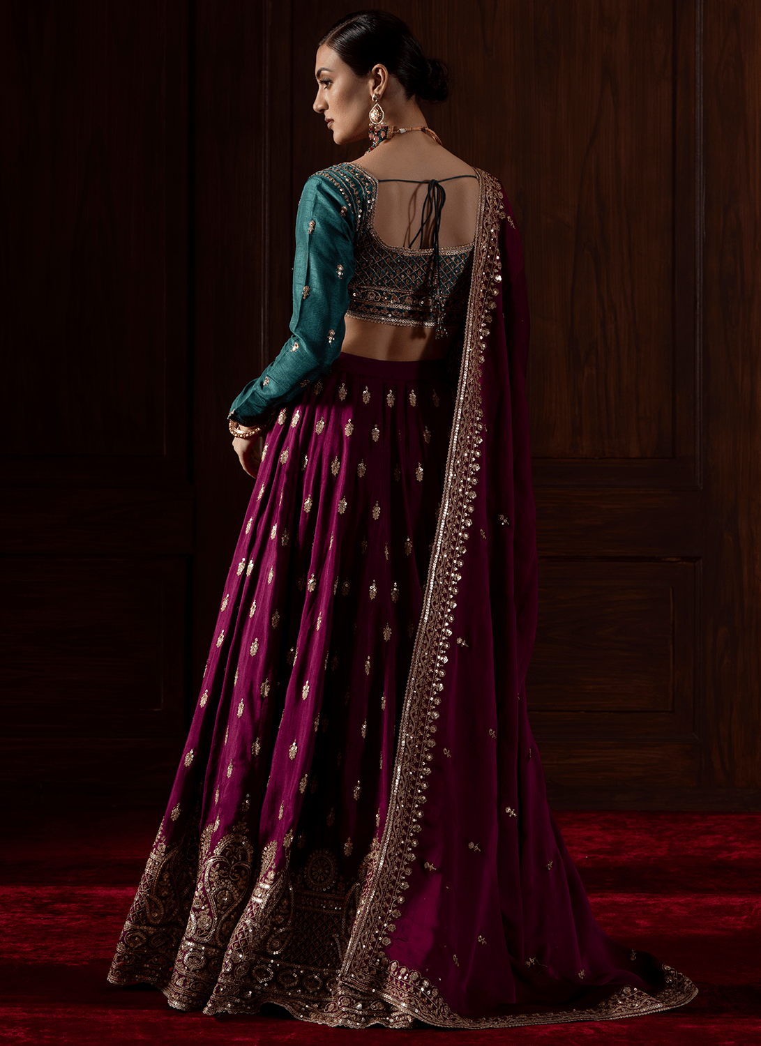 Deep Wine and Teal Embroidered Silk Lehenga - Lashkaraa