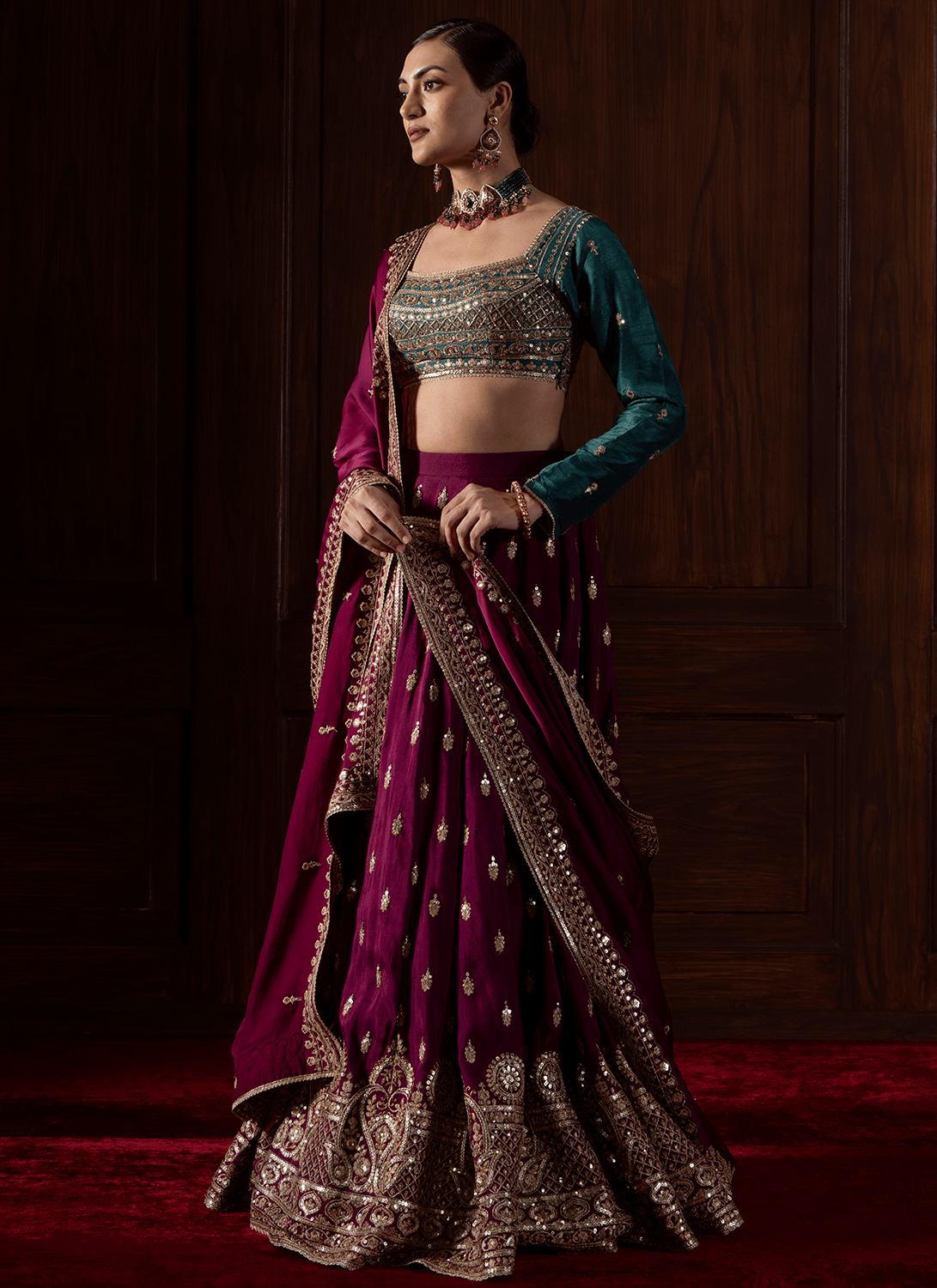 Deep Wine and Teal Embroidered Silk Lehenga - Lashkaraa