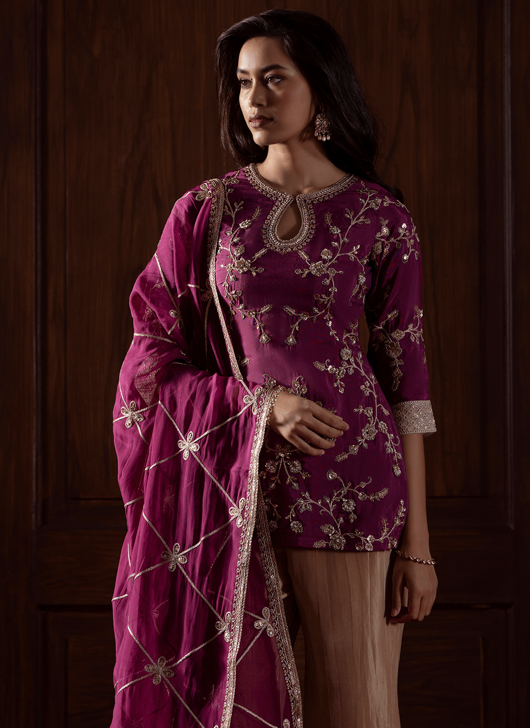 Deep Wine Embroidered Viscose Silk Pant Suit - Lashkaraa