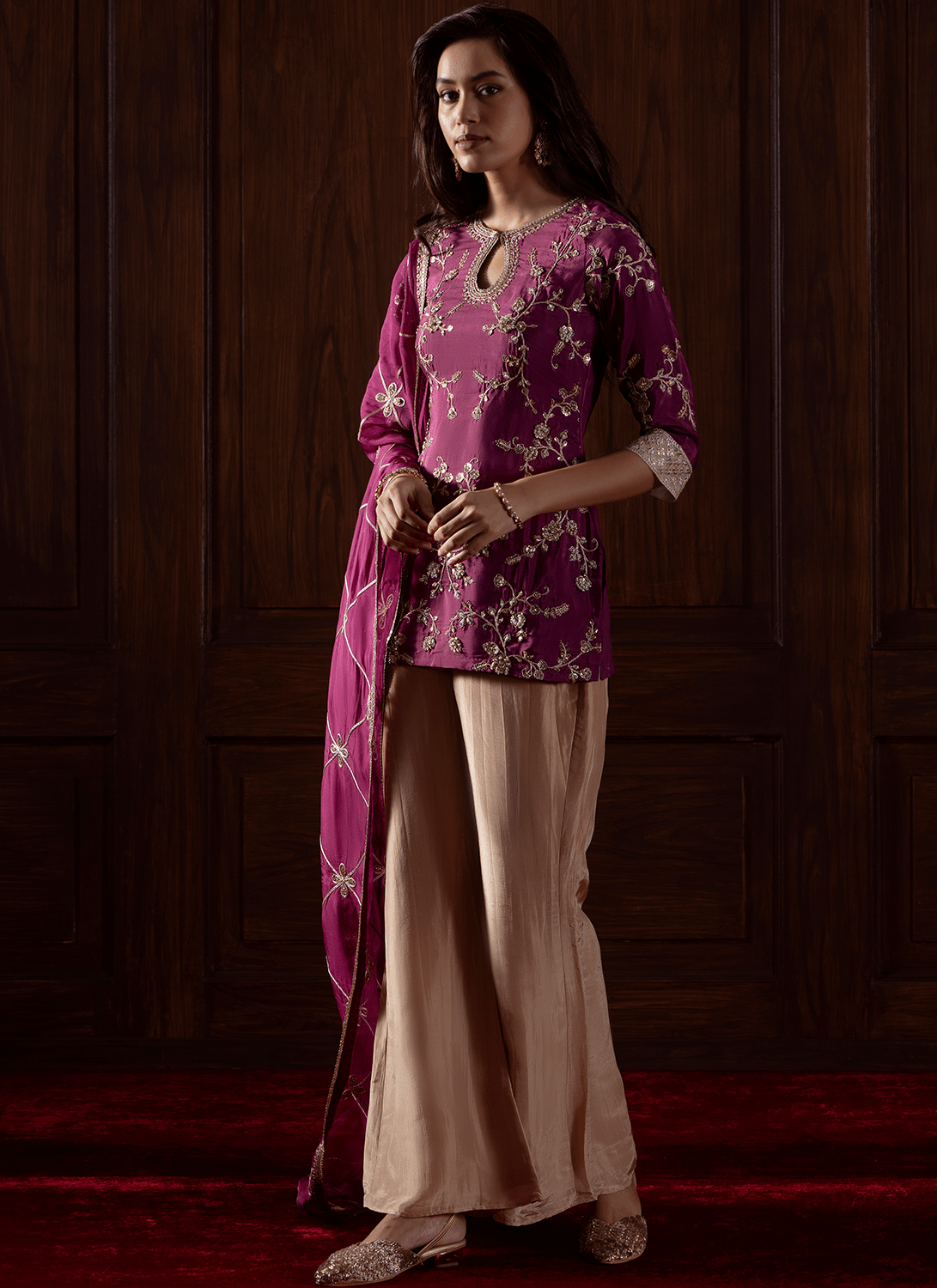 Deep Wine Embroidered Viscose Silk Pant Suit - Lashkaraa