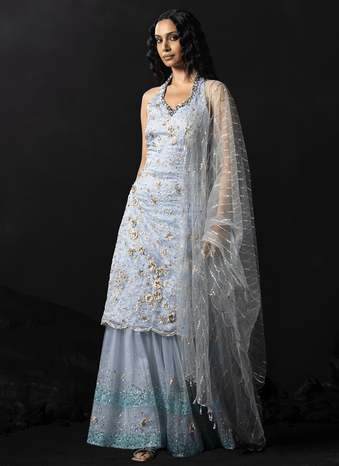 Dusty Blue Embroidered Organza Sharara - Lashkaraa