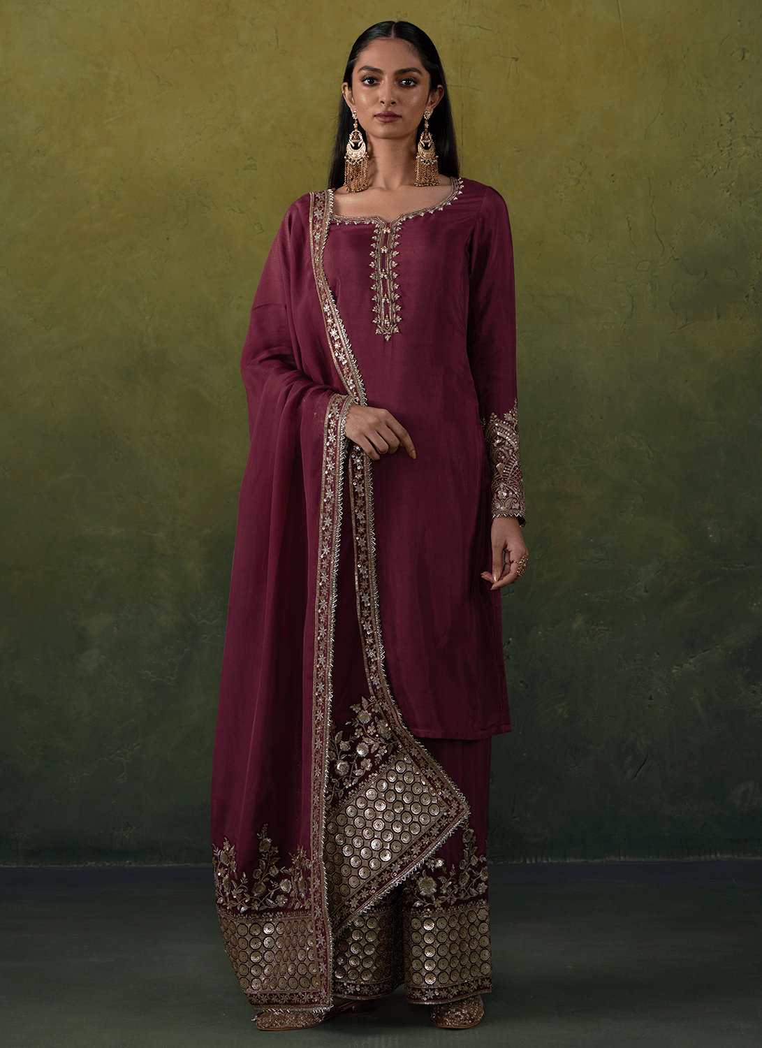 Dusty Burgundy Embroidered Straight Suit - Lashkaraa