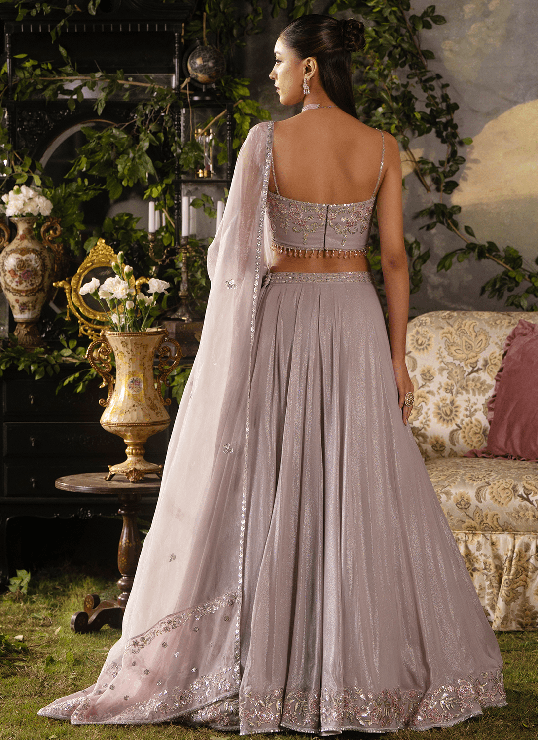 Dusty Mauve Embroidered Georgette Corset Style Lehenga - Lashkaraa
