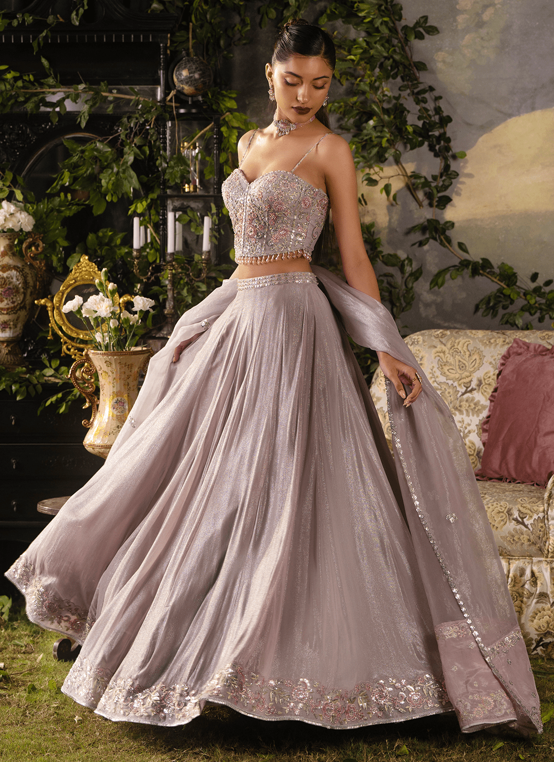 Dusty Mauve Embroidered Georgette Corset Style Lehenga - Lashkaraa