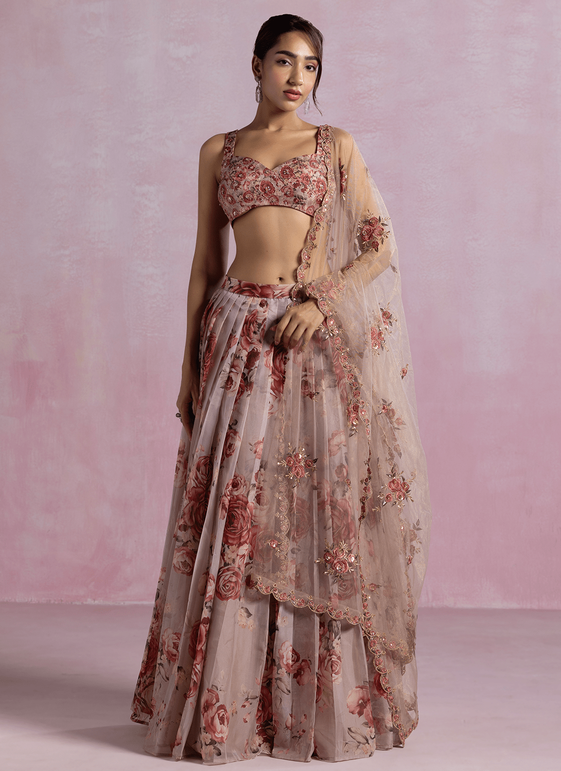 Dusty Mauve Floral Printed Organza Lehenga - Lashkaraa
