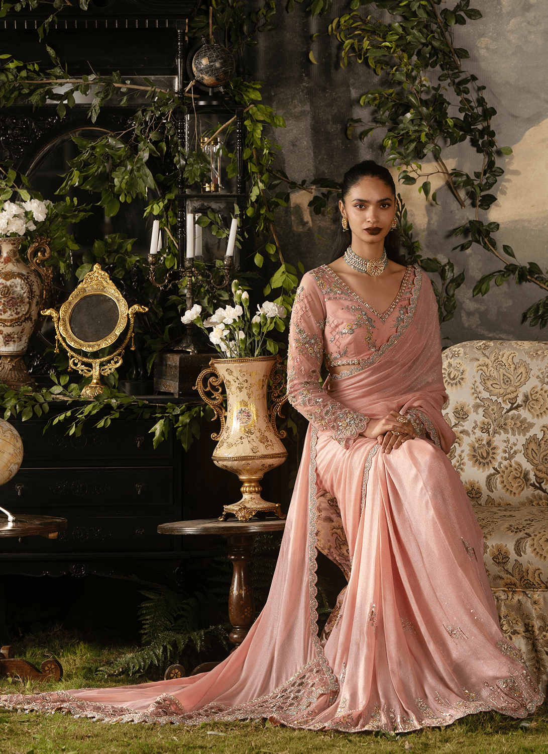 Dusty Peach Embroidered Viscose Georgette Saree - Lashkaraa