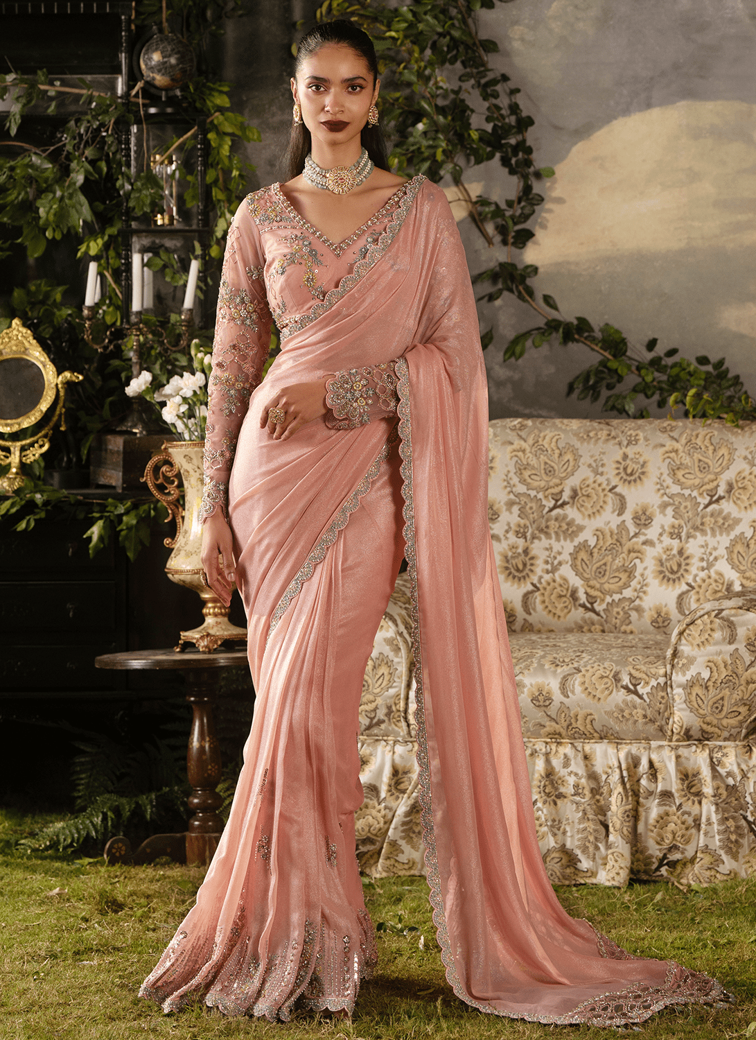 Dusty Peach Embroidered Viscose Georgette Saree - Lashkaraa