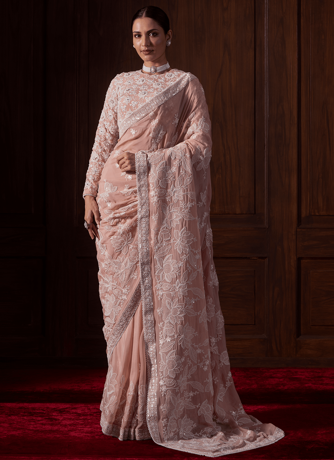 Dusty Peach Embroidered Viscose Organza Saree - Lashkaraa