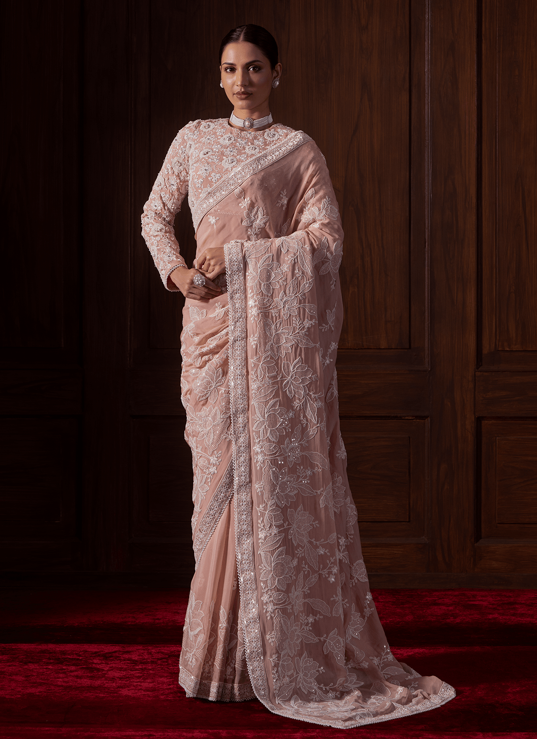 Dusty Peach Embroidered Viscose Organza Saree - Lashkaraa